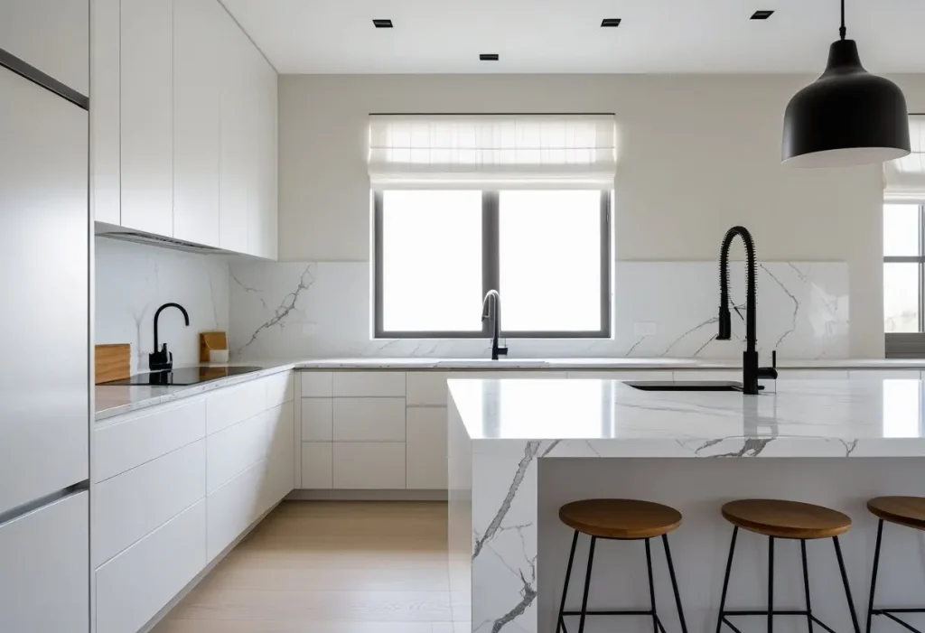 Sleek and functional contemporary home decor kitchen with white cabinets and quartz island.