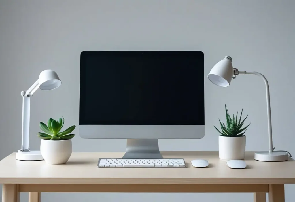 minimalist computer table decoration with succulent and wireless accessories