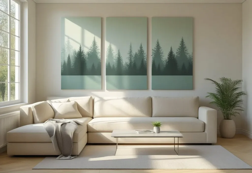 Triptych of minimalist forest canvas wall art above a neutral sofa in a bright living room."