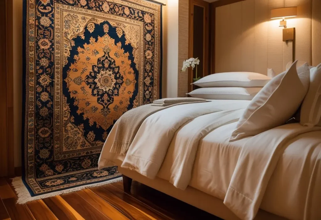 Silk Persian rug in bedroom
