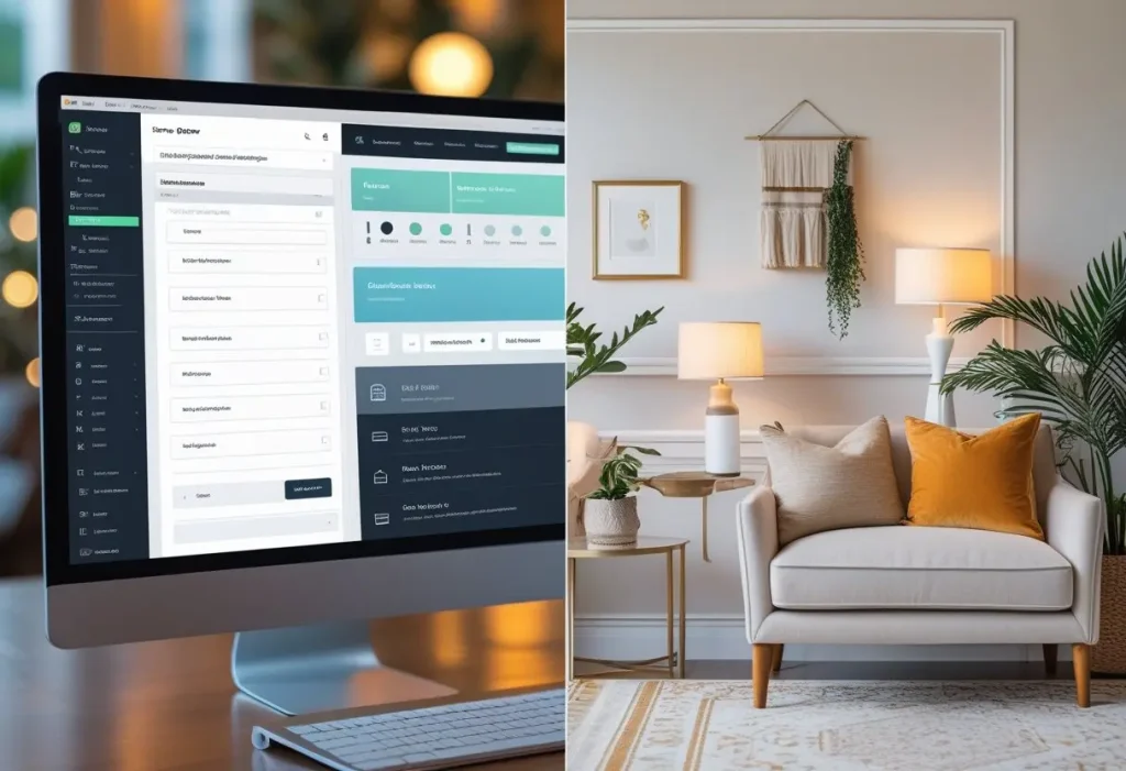 Shopify dashboard and live homepage for a home decor store.