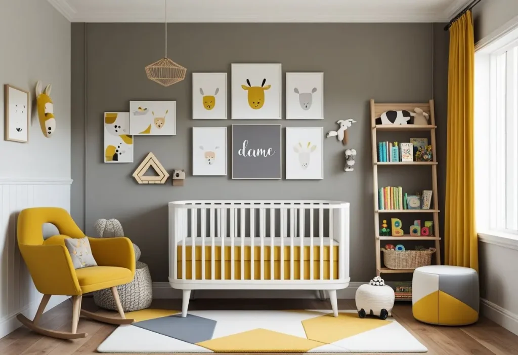 Gender-neutral nursery ideas with a yellow and grey theme and geometric patterns.