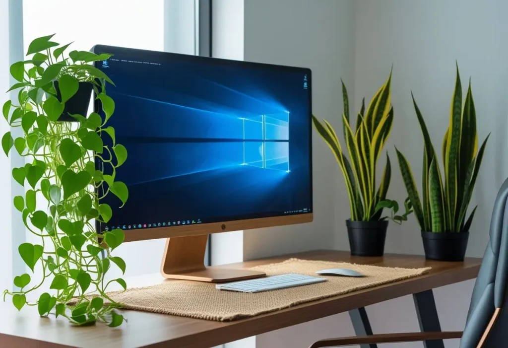 biophilic computer table decoration with multiple plants and natural materials