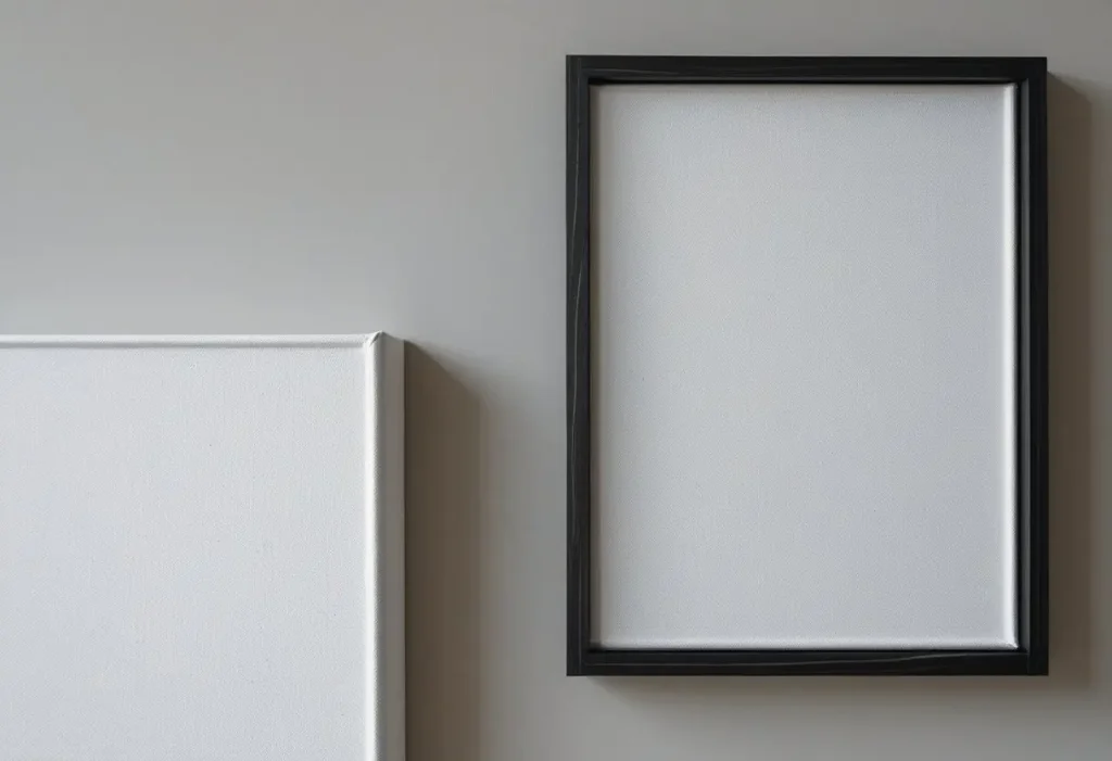 Side-by-side comparison of framed and unframed canvas wall art on a neutral wall.