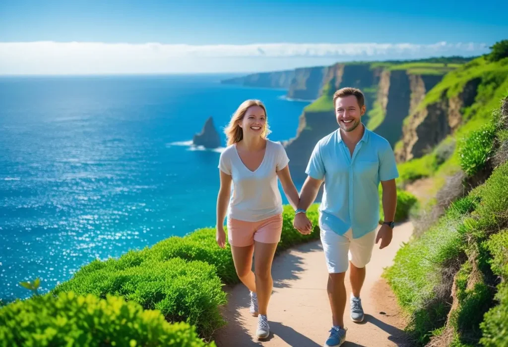 A couple walking on a cliffside path overlooking the ocean during a soothing coastal getaway.