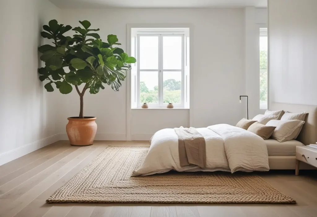 2025 luxury home floor and decor trends with hardwood and jute rug biophilic design.