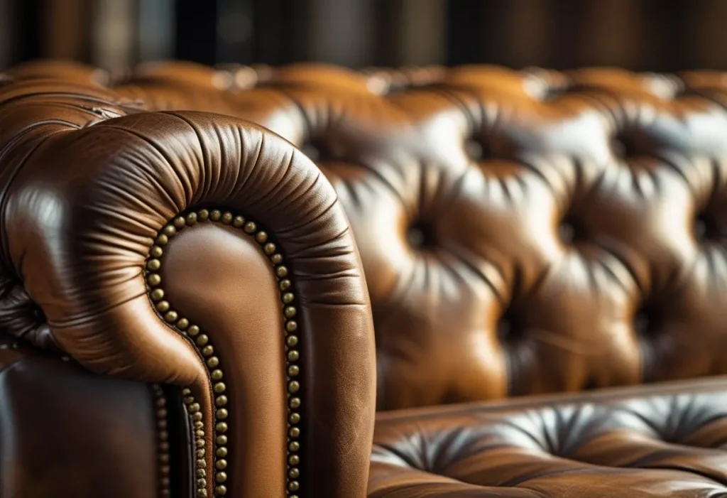 Close-up of Chesterfield Sofa tufting and nailhead trim craftsmanship.