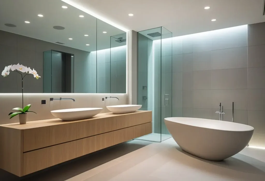 Serene and spa-like contemporary home decor bathroom with floating vanity and freestanding tub.