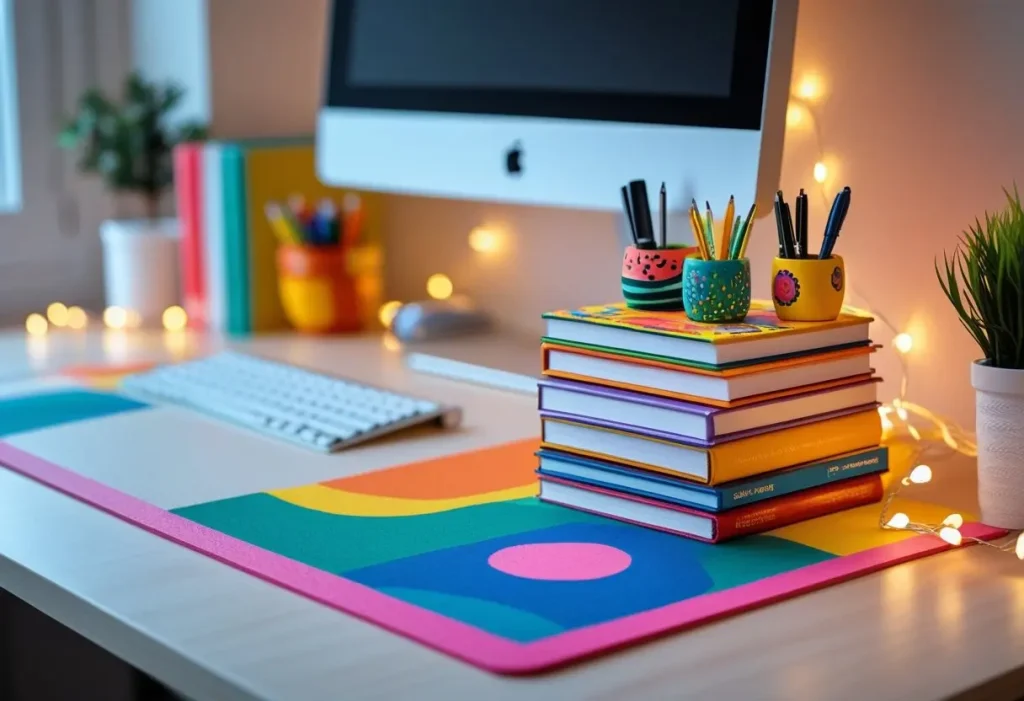 DIY computer table decoration with handmade accessories and fairy lights