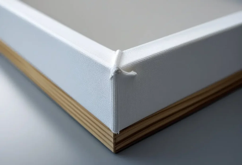 Close-up detail of a high-quality stretched canvas wall art corner and stretcher bar."