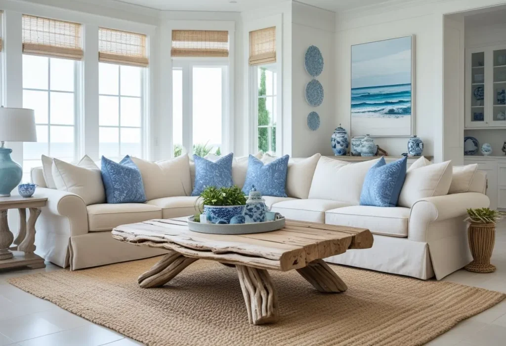 A coastal-style living room with linen sofa and jute rug, inspired by the serenity of soothing coastal getaways.