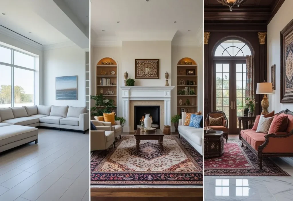 comparison of flooring stores in usa uk and pakistan showing different style preferences.