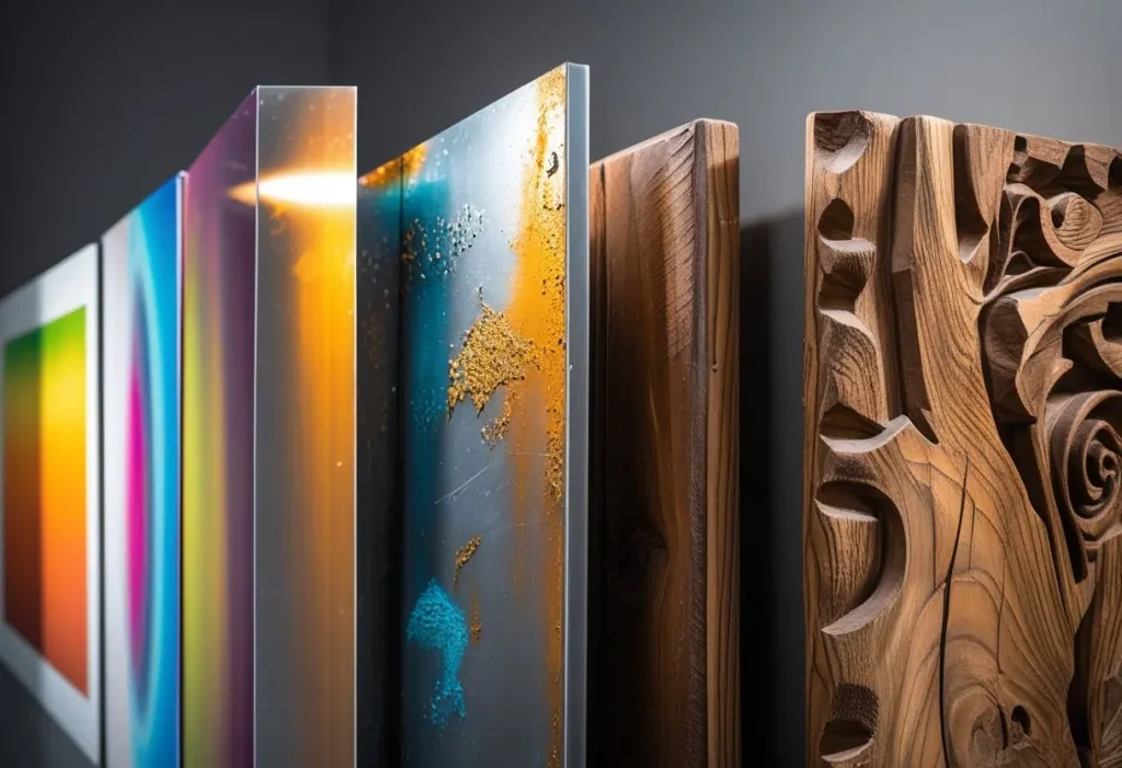 close-up comparison metal wall art vs canvas wood texture”