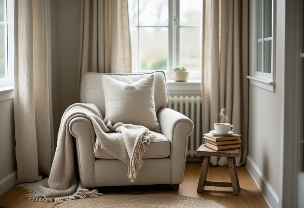  Real home Magnolia Home Decor cozy reading nook with armchair and linen curtains.