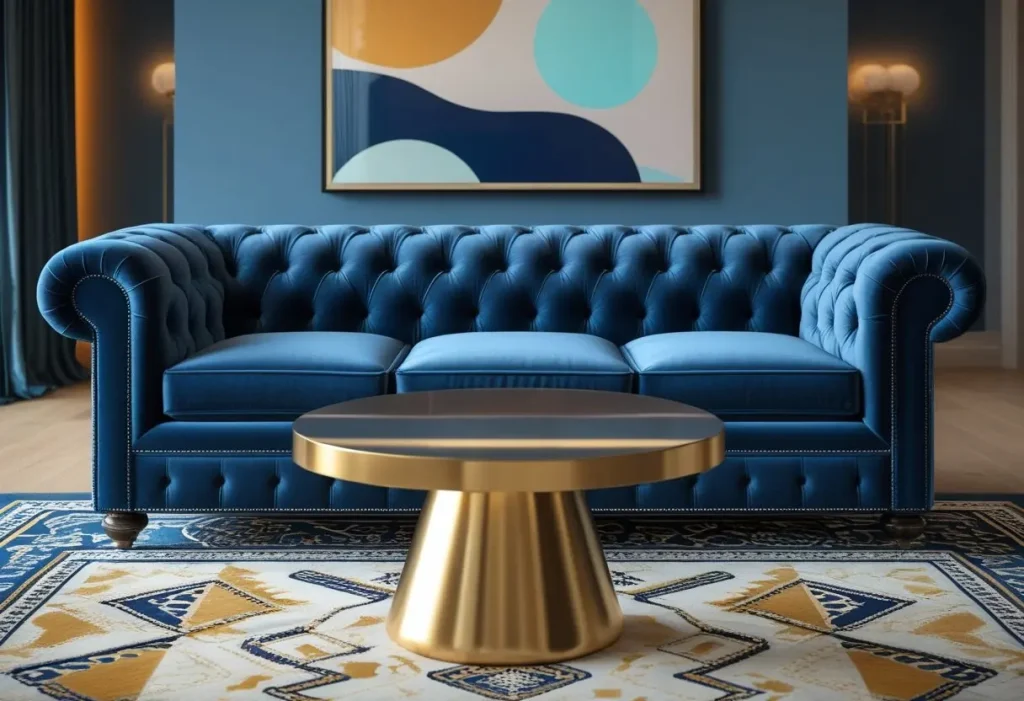Blue velvet Chesterfield Sofa styled in elegant modern living room setup.#HomeStyling #ChesterfieldDesign #LivingRoomIdeas #VelvetSofa #ChesterfieldSofa