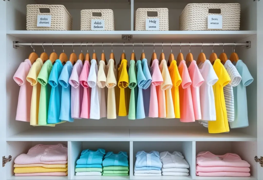 Nursery organization ideas with a neatly arranged closet and labeled baskets.