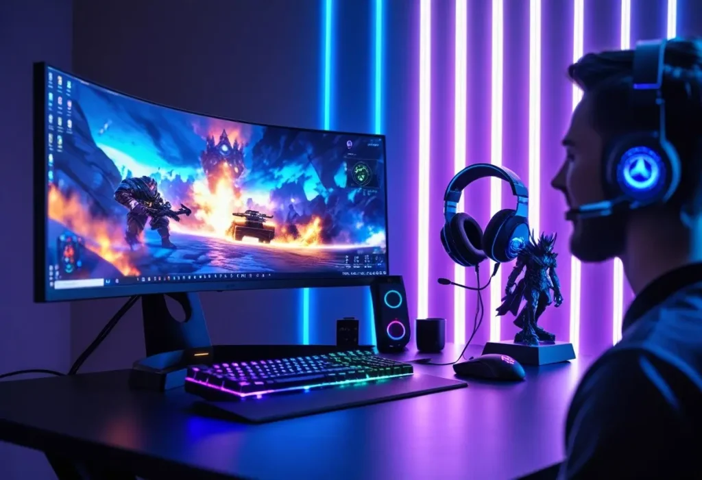 RGB gaming computer table decoration with LED lights and accessories