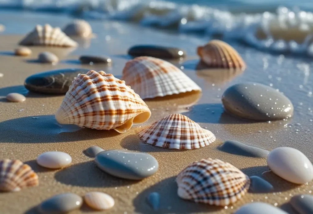 A close-up of seashells and smooth stones on wet sand, a simple pleasure of soothing coastal getaways.