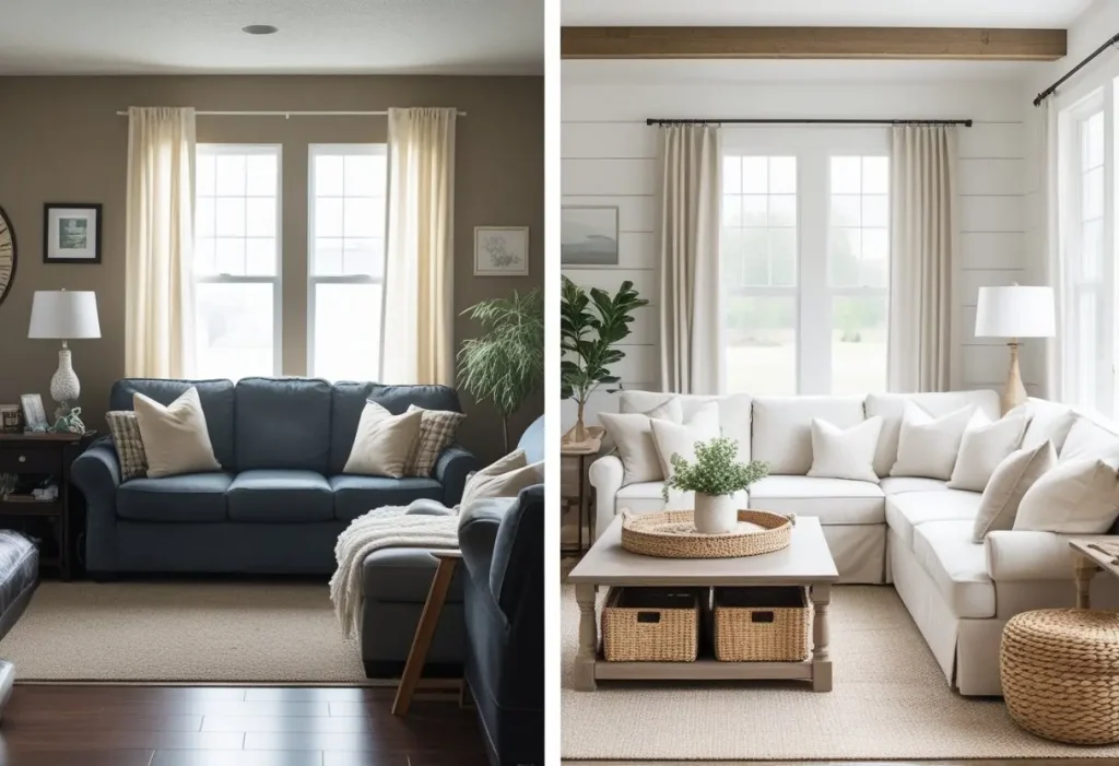 Magnolia Home Decor before and after living room transformation makeover.