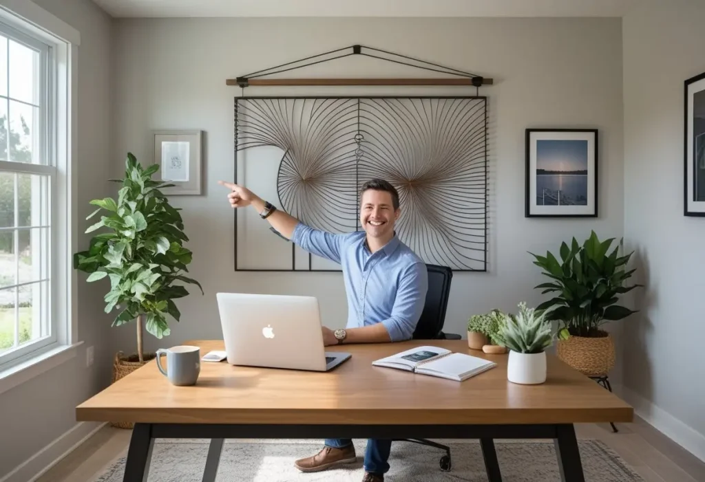 customer happy with modern metal wall decor in home office”