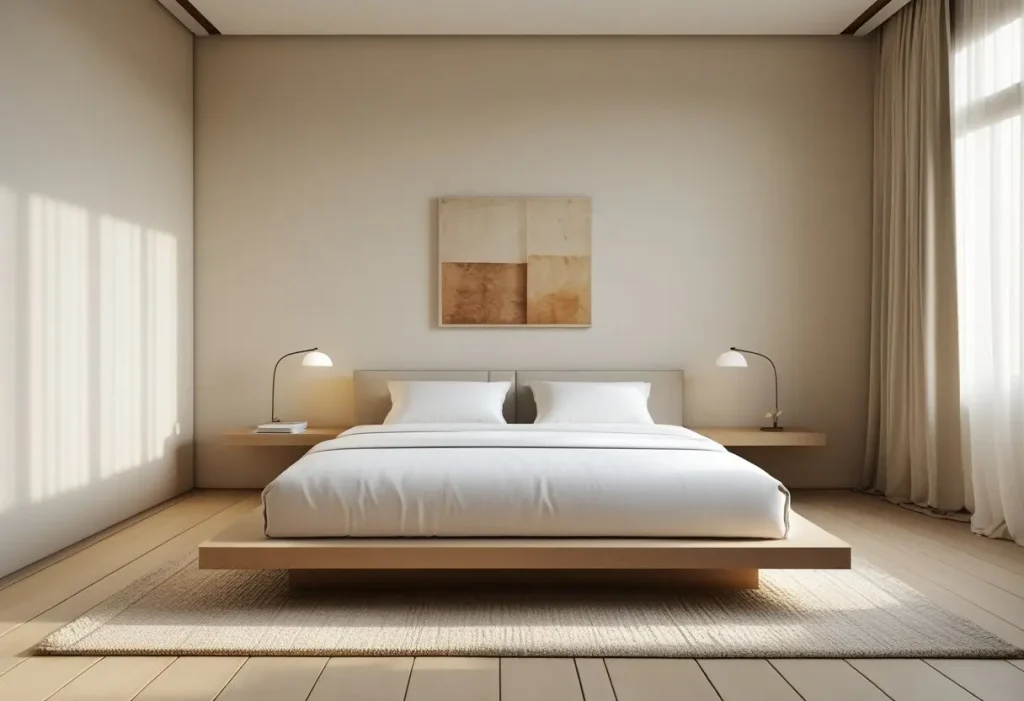 Warm minimalist bedroom in Pakistani home decor trends.