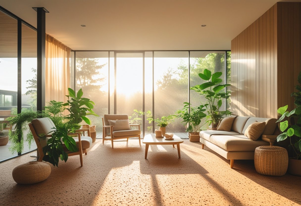 cork flooring and modern eco friendly home interior with natural light