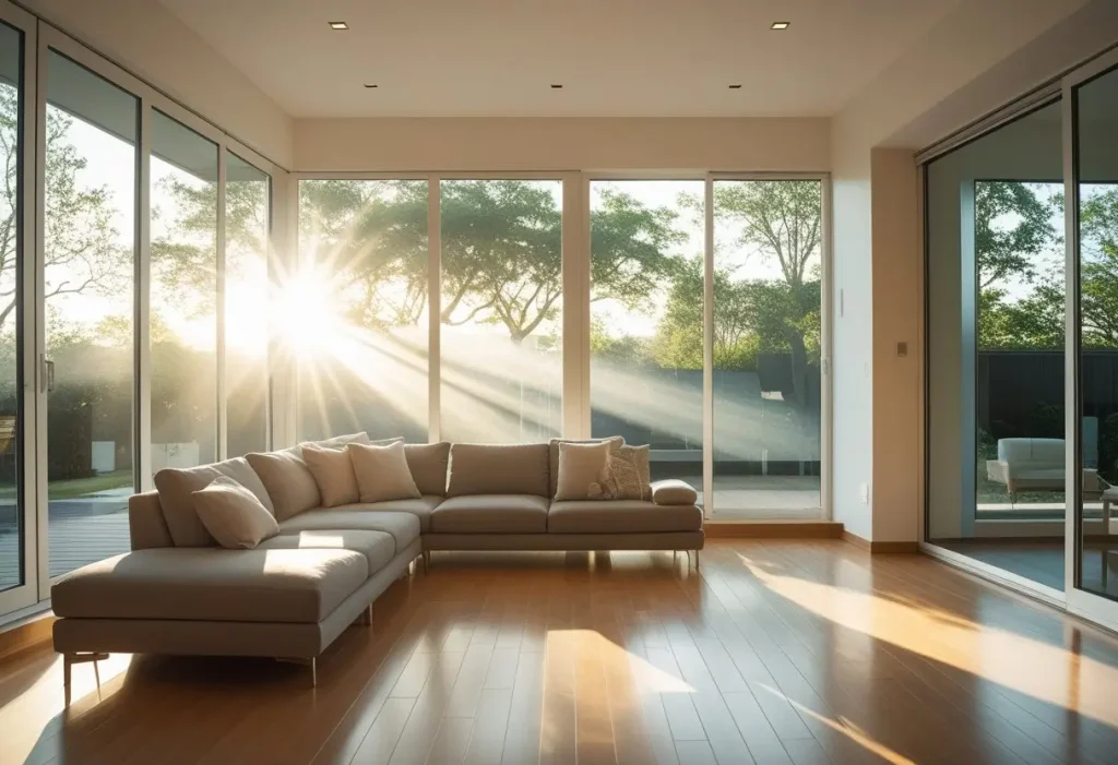 Home window tinting for glare reduction in a living room.