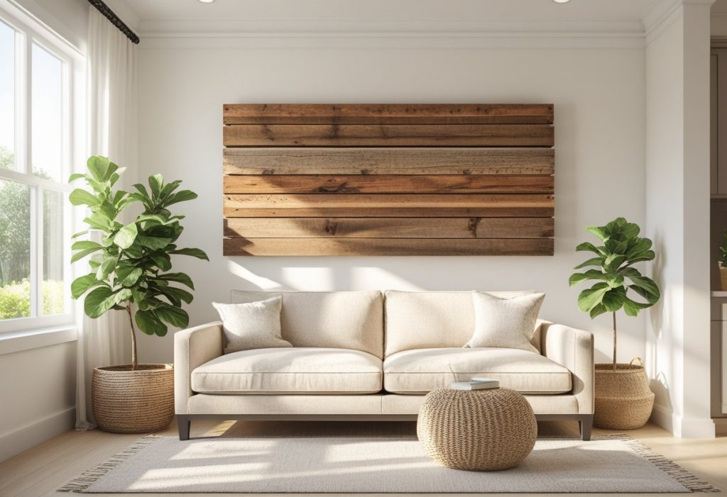 Large horizontal reclaimed wood wall decor displayed above a neutral sofa in a bright modern living room.