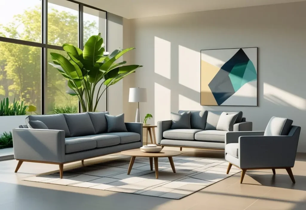 A modern grey 3 piece living room set with sofa, loveseat, and accent chair arranged in a sunny living room.