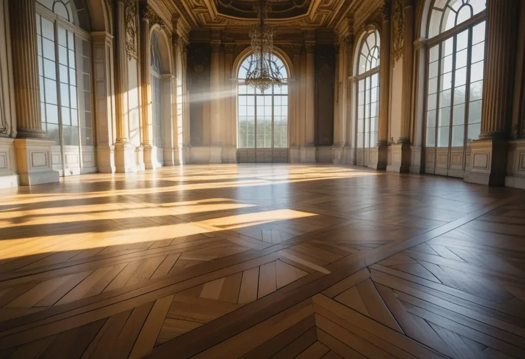  Historic Versailles parquet flooring pattern in the Palace of Versailles, showcasing classic wood parquet design.