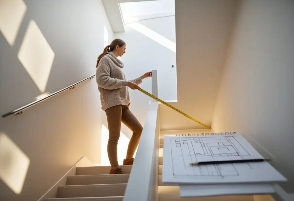 Image Alt Text: planning and measuring for stair wall decor ideas