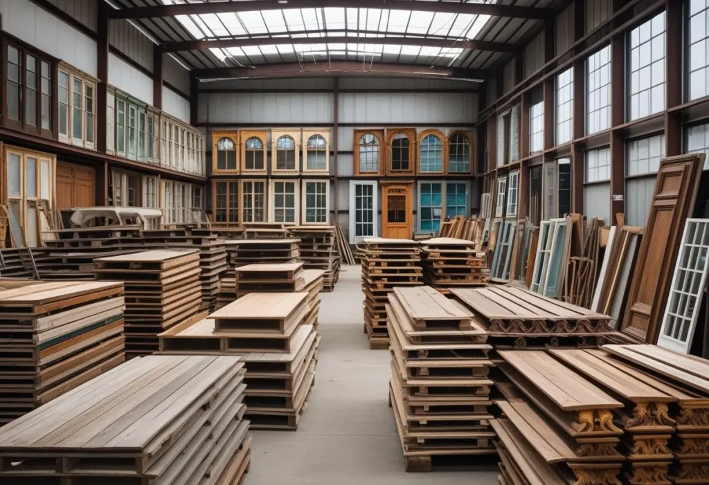 Architectural salvage vintage home decor displayed inside a well-organized salvage yard