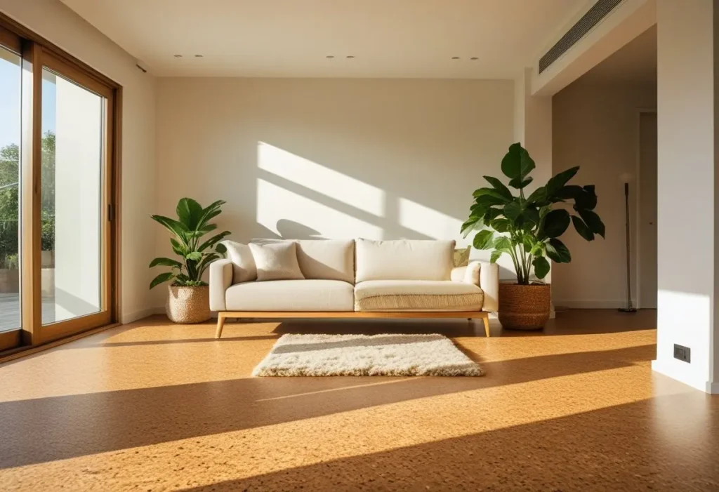 Warm honey-toned cork flooring in a modern sunlit living room with a sofa and area rug
