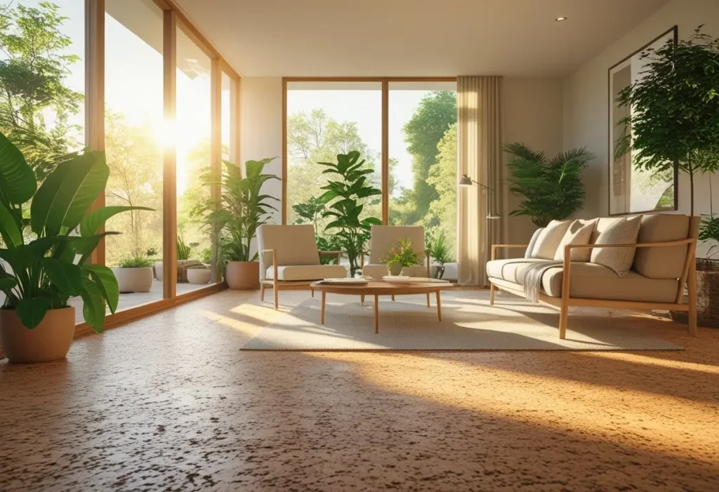 Natural cork flooring used in a modern living room for a warm and eco-friendly home design