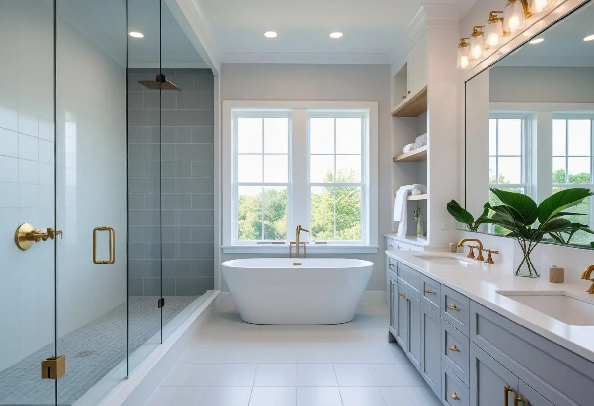 Contemporary white and gray master bathroom design with freestanding tub and walk-in shower.