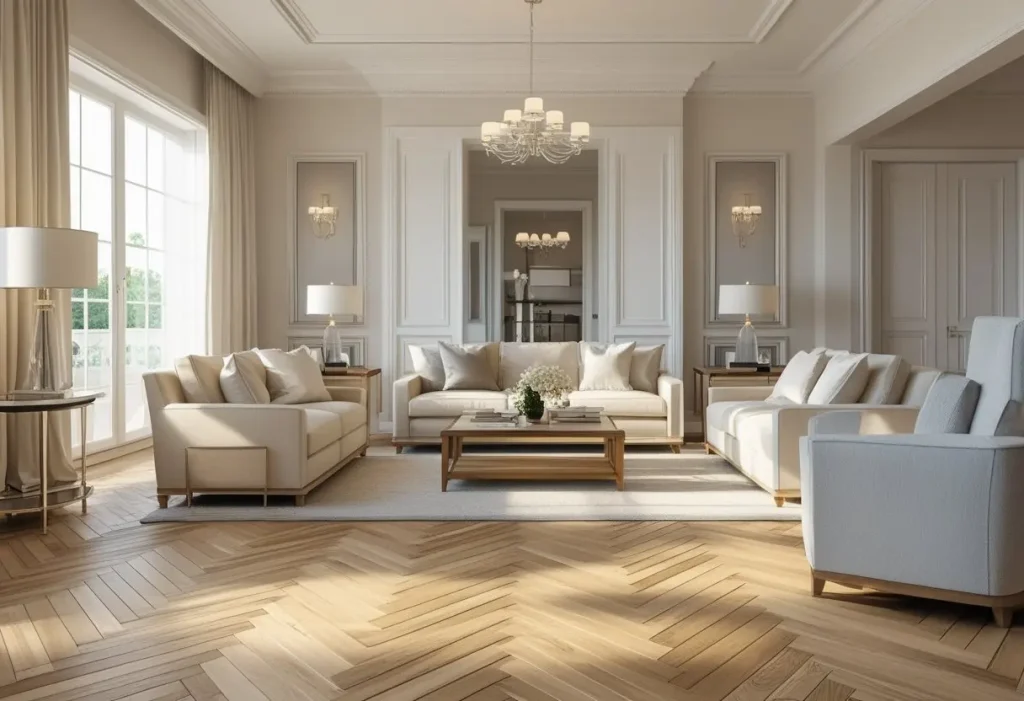 Parquet flooring in a luxury living room with classic herringbone wood pattern and natural oak finish