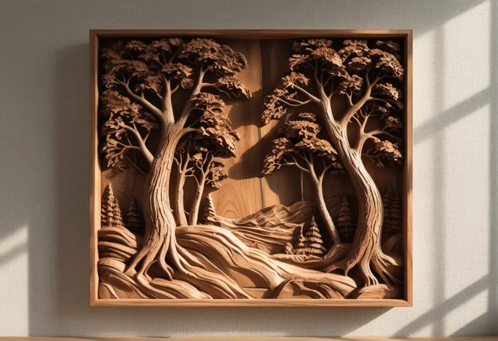 Modern geometric wooden wall decor in the form of a layered world map.