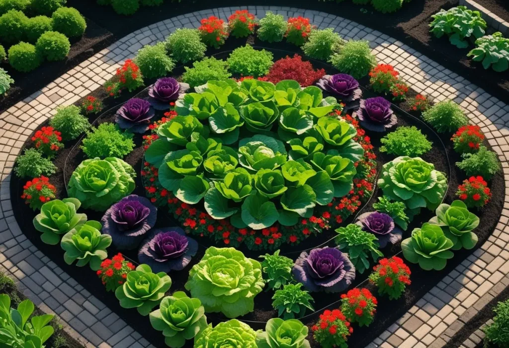 Overhead view of a formal geometric potager garden design with raised beds and brick paths.