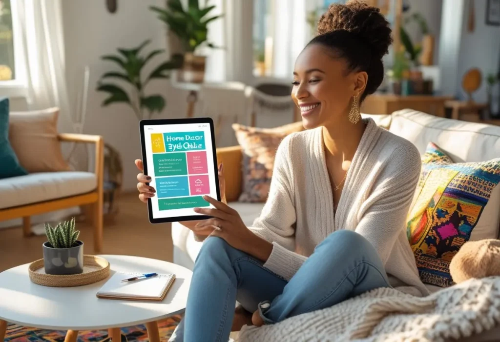 Young woman taking an online home decor style quiz to find her interior design personality in a cozy living room.