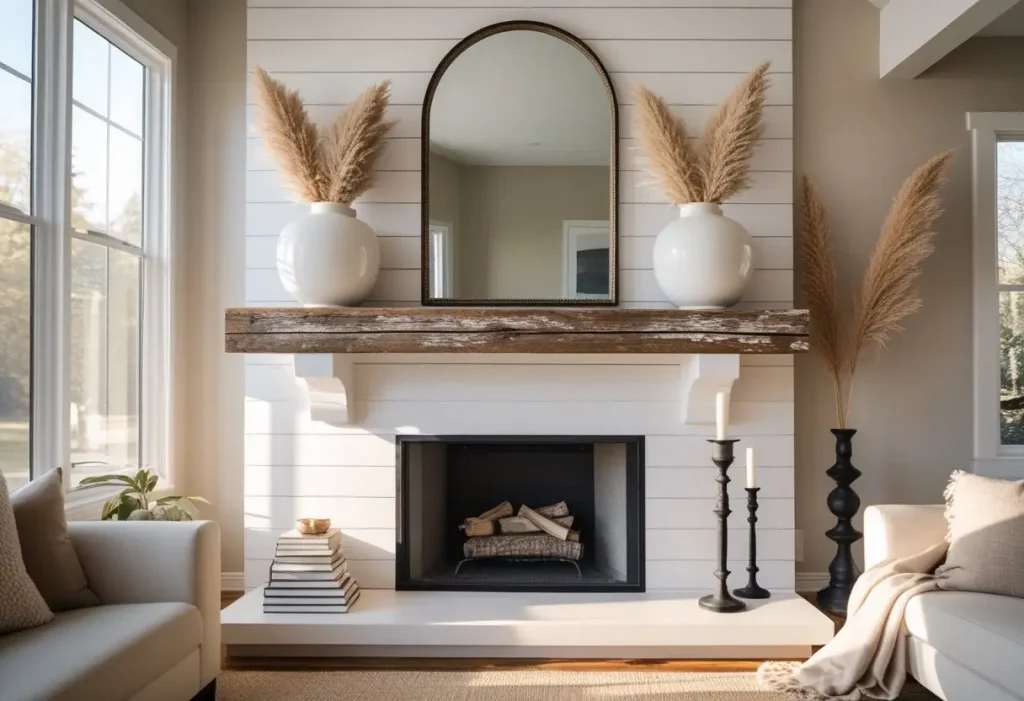 A balanced example of modern farmhouse mantel decor with a mirror, vases, and layered textures.