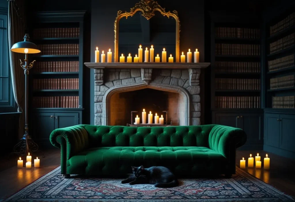 sophisticated goth home decor living room with velvet sofa and fireplace