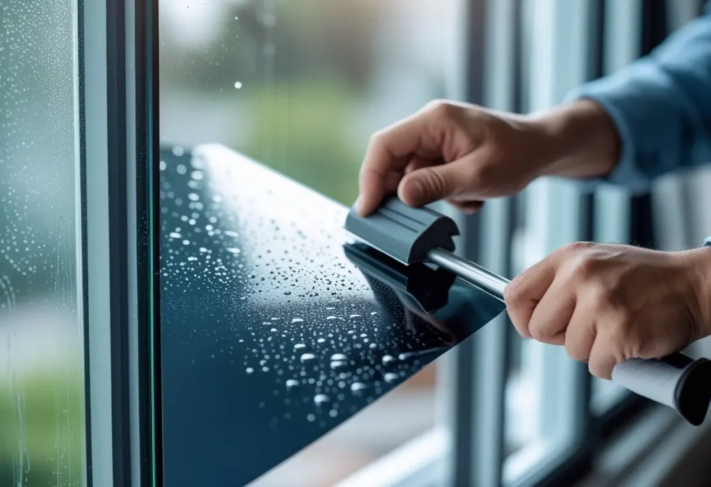 Professional home window tinting installation process.