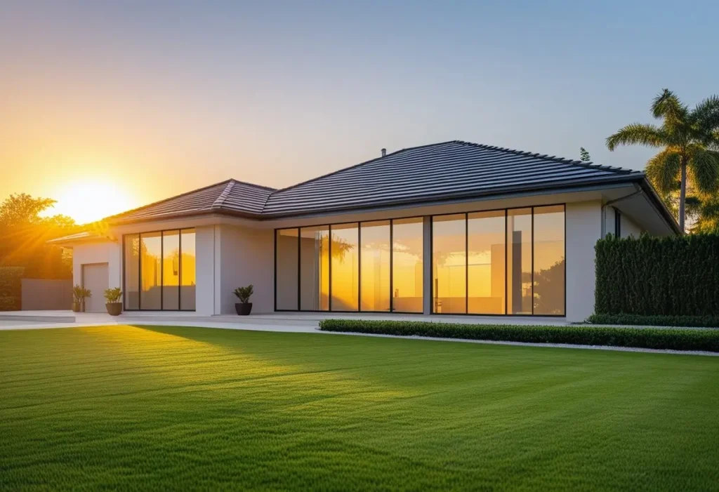 Alt Text: Modern home with professionally installed tint for windows home reflecting sunset.