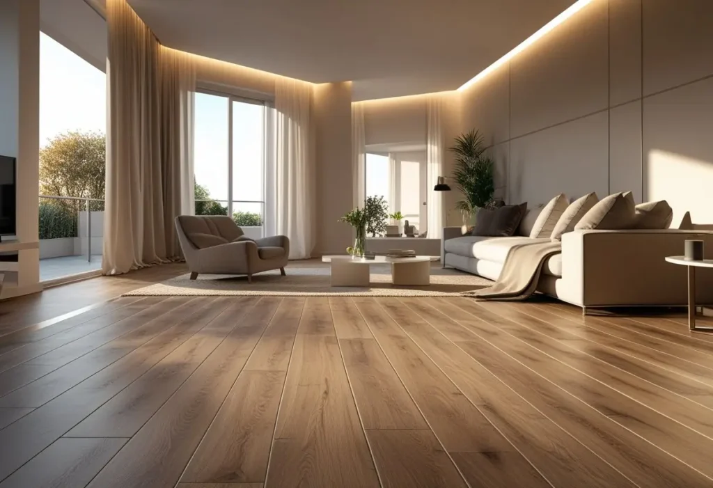 Modern living room with wide-plank Luxury Vinyl Tile Flooring