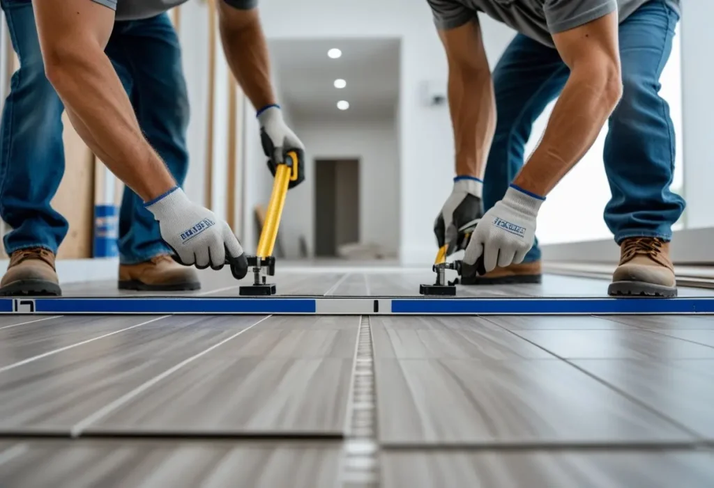 Professional installers working on Luxury Vinyl Tile Flooring
