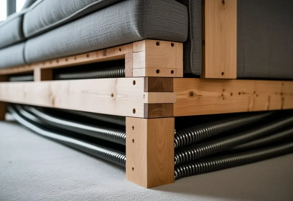  Interior construction details of a durable 3 piece living room set frame showing hardwood and springs.