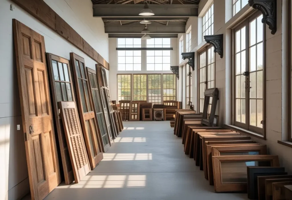 Architectural salvage vintage home decor displayed in a professional warehouse with antique doors, vintage windows, and decorative corbels arranged under natural light.