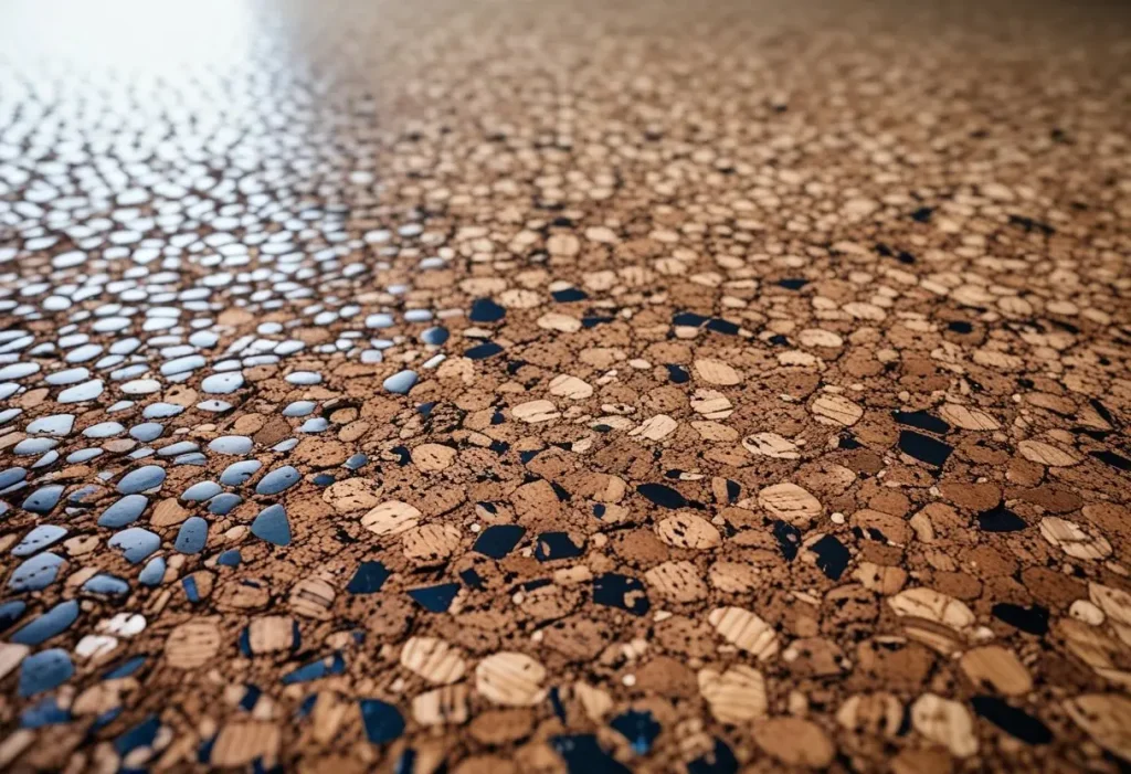 Extreme close-up detail of the natural textured surface of cork flooring.