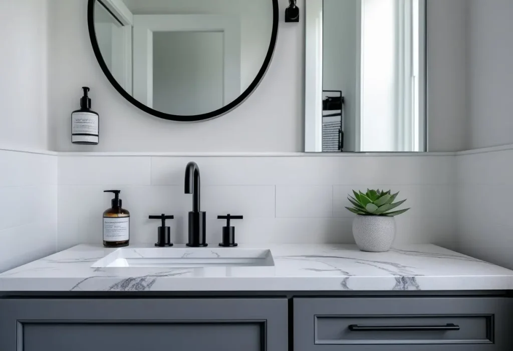 Modern two-tone bathroom vanity in gray and white with black faucet and mirror bathroom-remodel-ideas-white-gray.