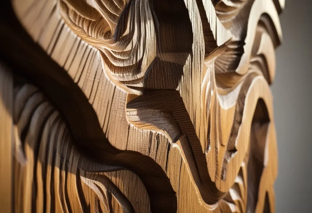 Close-up view of hand-carved wood wall decor showing detailed grain and craftsmanship.